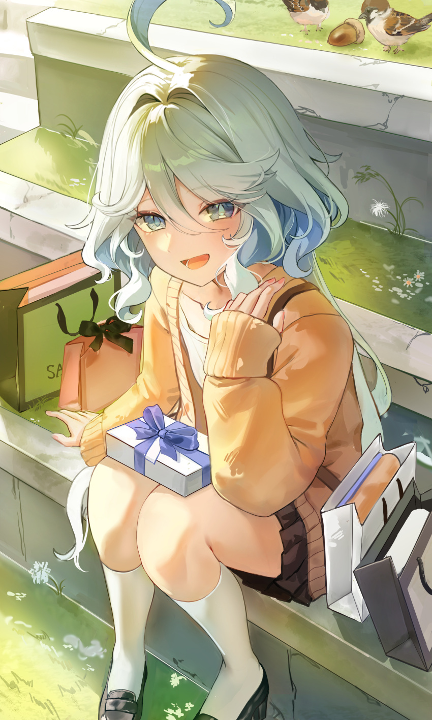 1girl :d absurdres acorn ahoge alternate_costume bag bird black_footwear blue_eyes blue_hair brown_skirt cardigan collarbone cowlick dasha drop-shaped_pupils floral_bow from_above furina_(genshin_impact) genshin_impact gift hair_between_eyes hair_intakes hand_up heterochromia highres kneehighs light_blue_hair long_hair looking_at_viewer open_cardigan open_clothes open_mouth outdoors shirt shopping_bag shoulder_bag sitting skirt smile socks solo symbol-shaped_pupils very_long_hair wavy_hair white_shirt white_socks yellow_cardigan