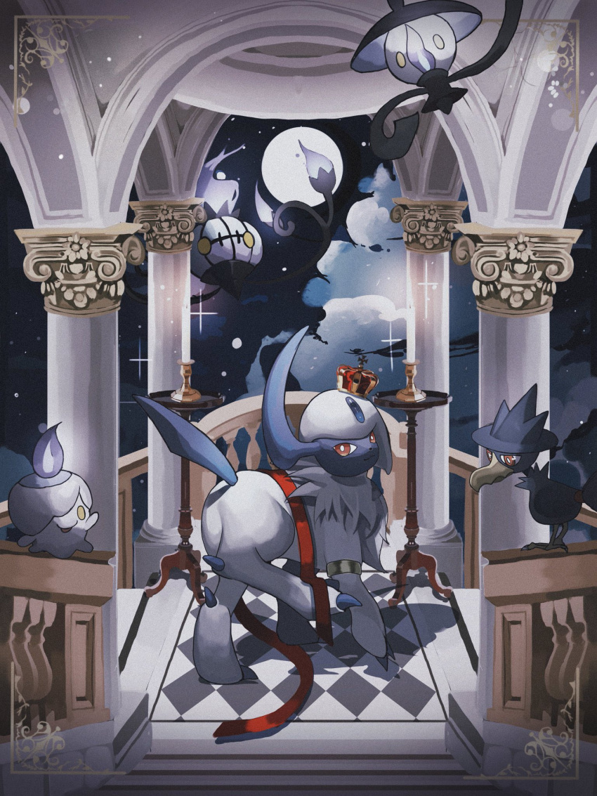 absol beak bright_pupils chandelure column crown fence fire highres lampent leg_up light litwick moon murkrow night pillar pokemon pokemon_(creature) red_eyes reo_(mmocc123) stairs star_(sky) white_fur white_pupils