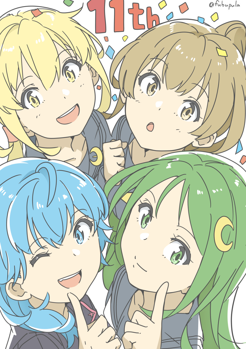 4girls absurdres anniversary aqua_eyes aqua_hair black_sailor_collar blonde_hair brown_eyes brown_hair clenched_hand closed_mouth confetti crescent crescent_hair_ornament crescent_pin fubupula fumizuki_(kancolle) green_eyes green_hair hair_ornament highres index_finger_raised kantai_collection long_hair looking_at_viewer minazuki_(kancolle) multiple_girls nagatsuki_(kancolle) one_eye_closed open_mouth parted_lips sailor_collar satsuki_(kancolle) school_uniform serafuku twitter_username yellow_eyes