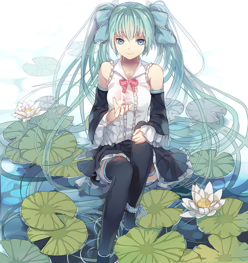 aqua_hair blue_eyes bow bowtie detached_sleeves fre hair_ribbon hatsune_miku highres lily_pad long_hair musical_note ribbon sitting skirt solo thighhighs twintails very_long_hair vocaloid water