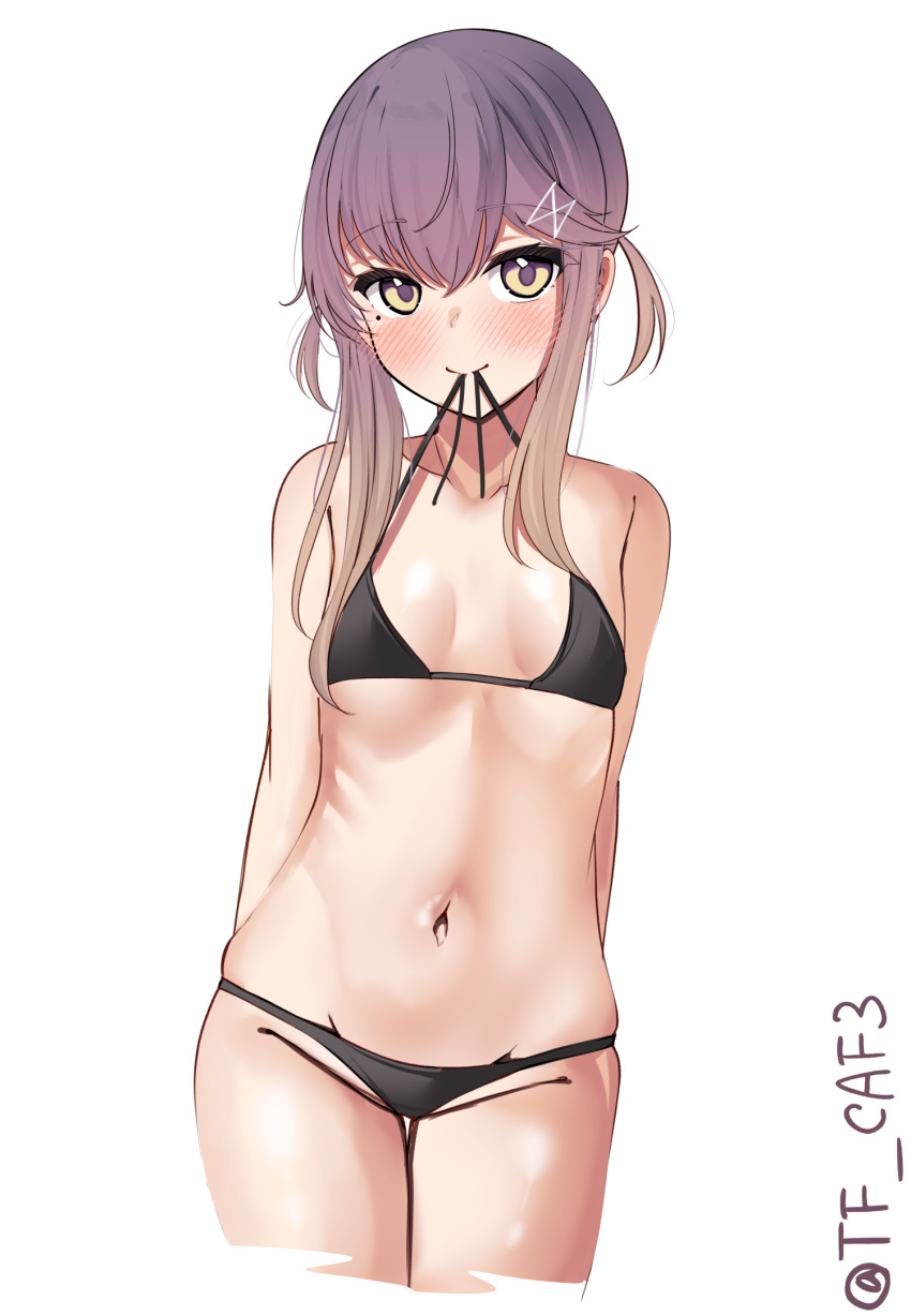 1girl bare_shoulders bikini black_bikini blush breasts brown_eyes brown_hair closed_mouth collarbone commentary_request cropped_legs gradient_hair groin hair_between_eyes hair_ornament hairclip halterneck highres kantai_collection looking_at_viewer mole mole_under_eye mouth_hold multicolored_hair navel one-hour_drawing_challenge purple_hair ribs simple_background small_breasts smile solo swimsuit tf_cafe tsushima_(kancolle) twitter_username white_background