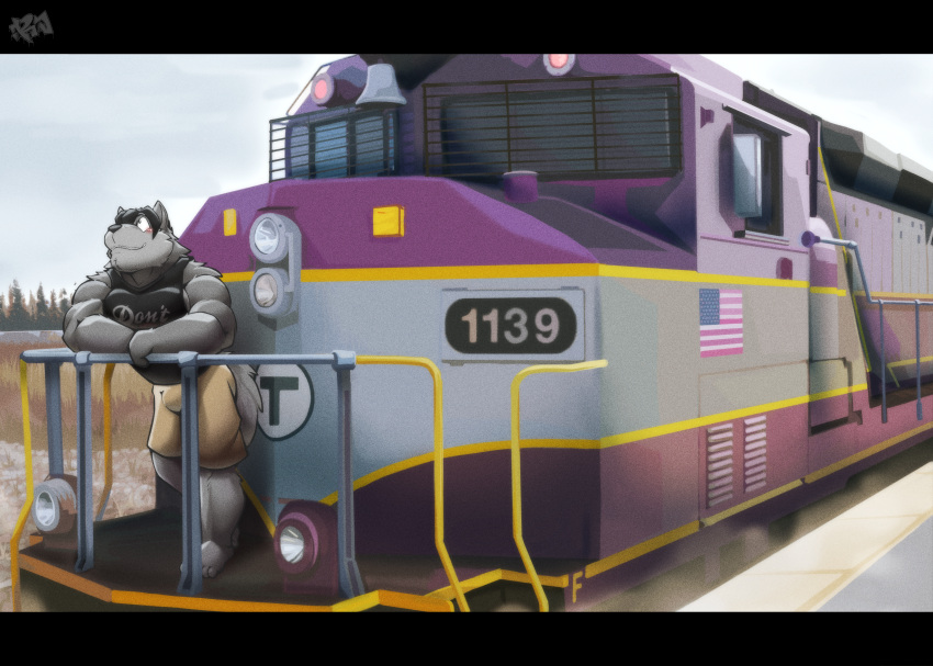 absurd_res american_flag anthro bell bottomwear canid canine canis clothing detailed_background emd_gp40 fur grey_body grey_fur hi_res jake_(jakewolf00) leaning_on_railing male mammal mbta muscular resondog shirt shorts solo tank_top topwear train united_states_of_america vehicle wolf