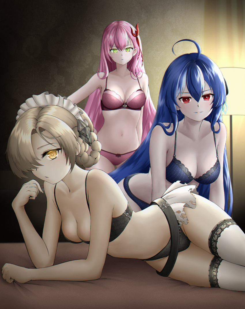 3girls absurdres ahoge axelsworks azur_lane bed belt black_belt black_bra black_pantyhose blonde_hair blue_bra blue_hair blue_panties bow bow_bra bow_panties bra braid breasts closed_mouth commentary_request elbow_rest frown green_eyes hair_ornament helena_(azur_lane) highres indoors lamp leaning_forward lingerie long_hair looking_at_viewer lying maid_headdress medium_breasts memphis_(azur_lane) multiple_girls navel on_bed on_side pale_skin panties pantyhose pink_bra pink_hair pink_panties red_eyes sheffield_(azur_lane) short_hair smile standing thighhighs twin_braids underwear underwear_only very_long_hair white_thighhighs yellow_eyes