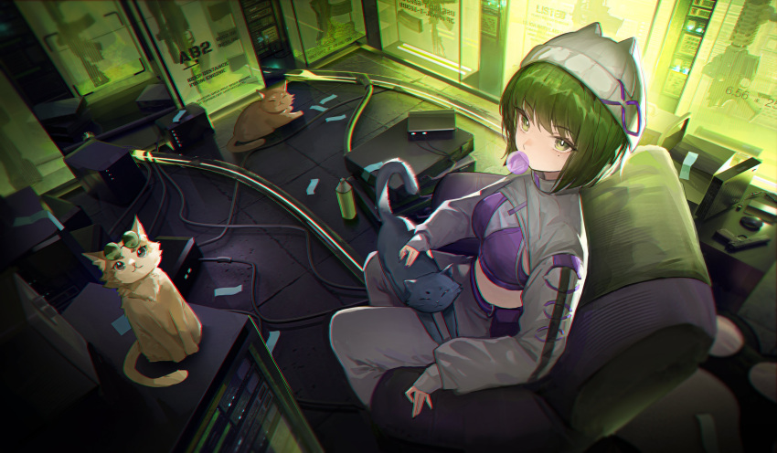 1girl absurdres animal_hat arknights assault_rifle blowing_bubbles cable cat cat_hat chair chewing_gum cropped_jacket ela_(rainbow_six_siege) ela_(safehouse)_(rainbow_six_siege) eyewear_on_head green_eyes green_hair grey_jacket grey_pants gun handgun hat highres jacket looking_at_viewer mole mole_under_eye mouse_(computer) multiple_cats pants petting purple_sports_bra rainbow_six_siege rifle roupo99 router short_hair sitting sleeves_past_wrists solo sports_bra suitcase tile_floor tiles weapon