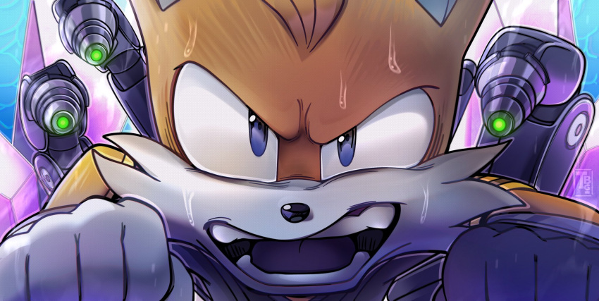 1boy blue_eyes clenched_hands close-up furry furry_male gloves highres looking_at_viewer mechanical_tail multiple_tails nic_kenten open_mouth portrait solo sonic_(series) sonic_prime sweat tail tails_(sonic) teeth white_gloves yellow_fur