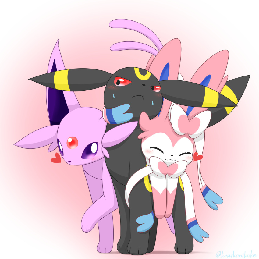 affectionate ambiguous_gender black_body black_eyes black_fur blush bow_(feature) digital_media_(artwork) eeveelution espeon eyes_closed feral forehead_gem forked_tail fur gem generation_1_pokemon generation_2_pokemon generation_6_pokemon group heart_symbol hi_res kenikenikeke markings multicolored_body nintendo pink_body pink_fur pokemon pokemon_(species) purple_body purple_eyes purple_fur purple_sclera quadruped red_sclera ribbons riding_on_back ring_(marking) ringed_ears ringed_tail rubbing_against simple_background striped_markings striped_tail stripes sweatdrop_(iconography) sylveon tail tail_markings trio two_tone_body umbreon unusual_anatomy unusual_tail white_body white_fur