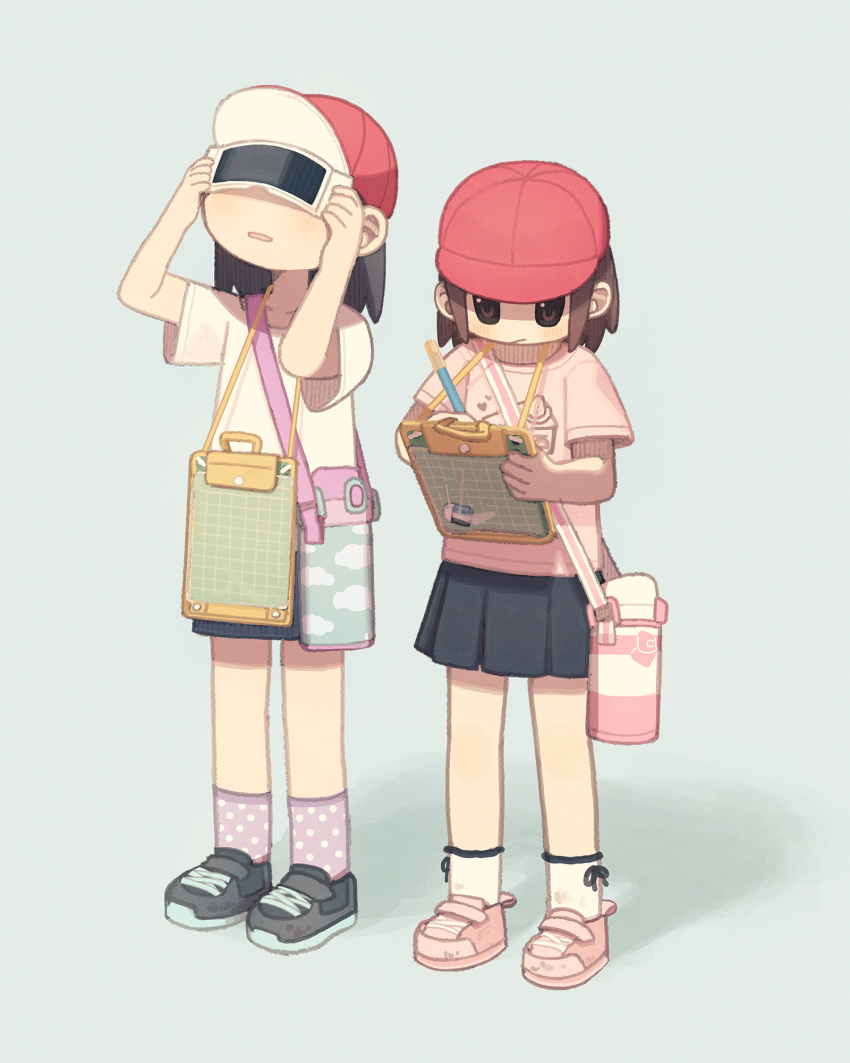 2girls :/ black_footwear black_hair black_skirt blue_background blush brown_eyes brown_hair clipboard covered_eyes full_body futami_ya hands_up hat highres holding holding_clipboard holding_pen looking_up medium_hair multiple_girls open_mouth original pen pink_footwear pink_shirt pleated_skirt polka_dot_socks print_shirt purple_socks red_hat school_hat shirt shoes short_hair short_sleeves shoulder_strap side-by-side simple_background skirt sneakers socks standing t-shirt thermos white_shirt white_socks writing