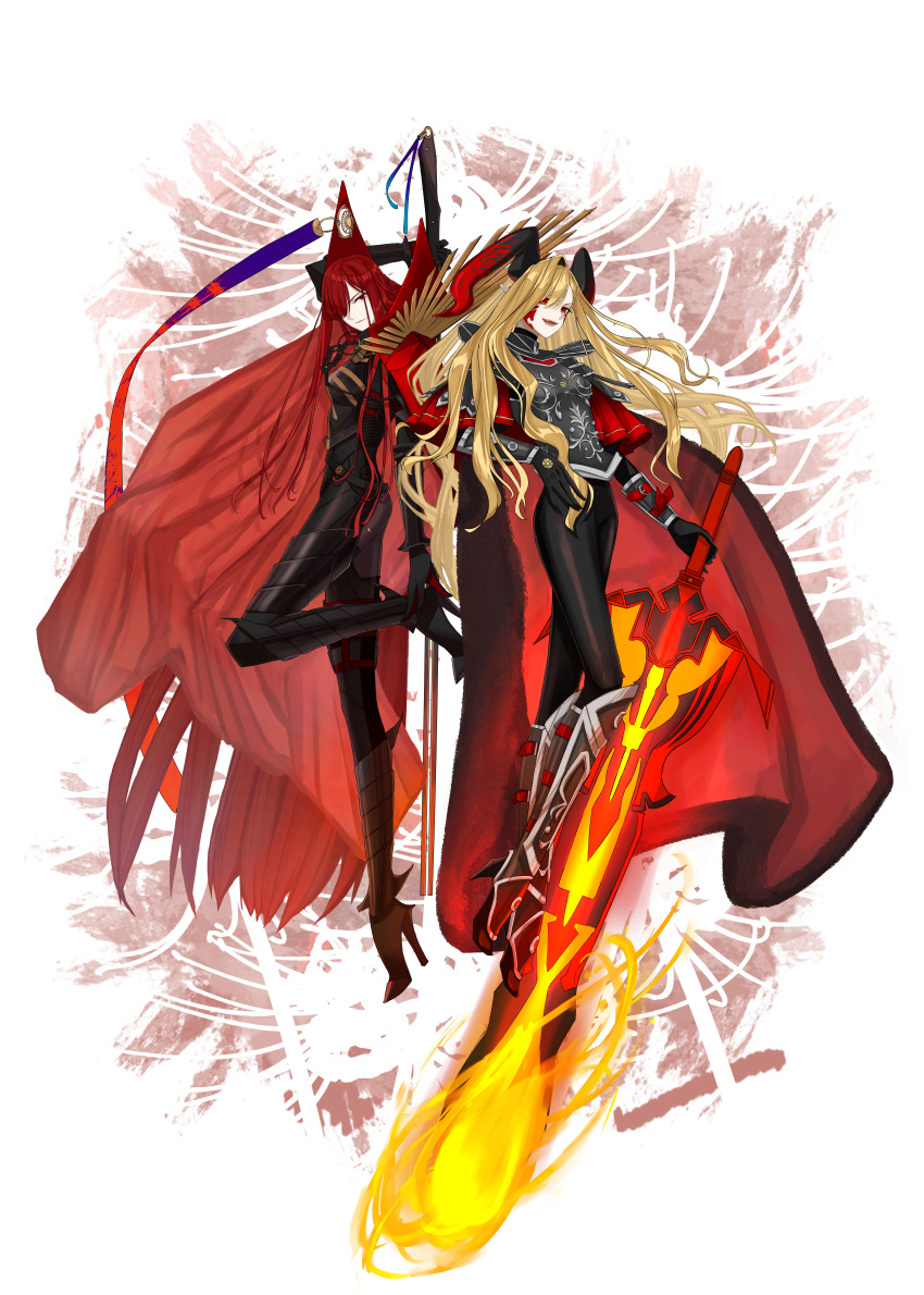 absurdres armor armored_bodysuit armored_boots black_armor black_bodysuit black_gloves black_horns blonde_hair bodysuit boots breasts cape chain collared_cape dragon_horns facial_mark fate/grand_order fate_(series) flaming_sword flaming_weapon fur-trimmed_cape fur_trim gloves hair_over_one_eye highres hiyoko_no_tamago horns long_hair long_horns looking_at_viewer medium_breasts multiple_girls nero_claudius_(fate) oda_nobunaga_(fate) oda_nobunaga_(maou_avenger)_(fate) pointy_ears popped_collar queen_draco_(fate) queen_draco_(third_ascension)_(fate) red_cape red_eyes red_hair red_scales shoulder_plates smile tight_top very_long_hair wavy_hair weapon