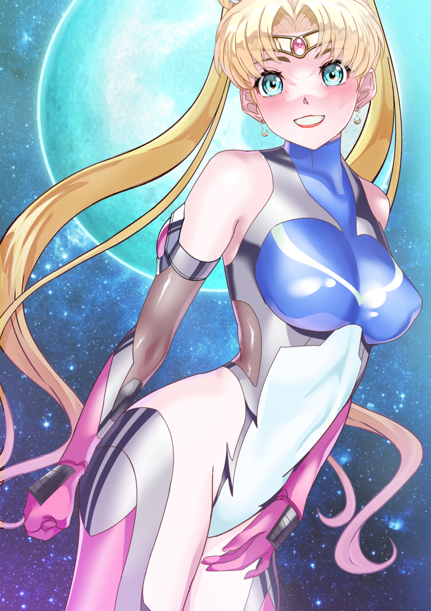 1girl absurdres arion_canvas bishoujo_senshi_sailor_moon blonde_hair bodysuit breasts covered_nipples earrings gloves green_eyes highres jewelry large_breasts long_hair looking_at_viewer magical_girl moon sailor_moon skin_tight smile solo tsukino_usagi twintails very_long_hair