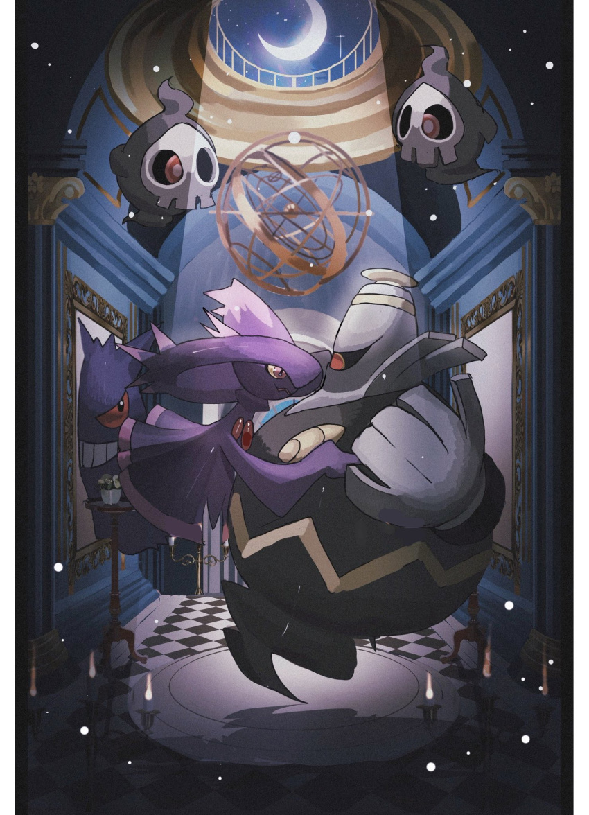 border candle checkered_floor column croissant dusknoir duskull floating food gengar ghost highres indoors looking_at_another mismagius moon moonlight pillar pokemon reo_(mmocc123) white_border