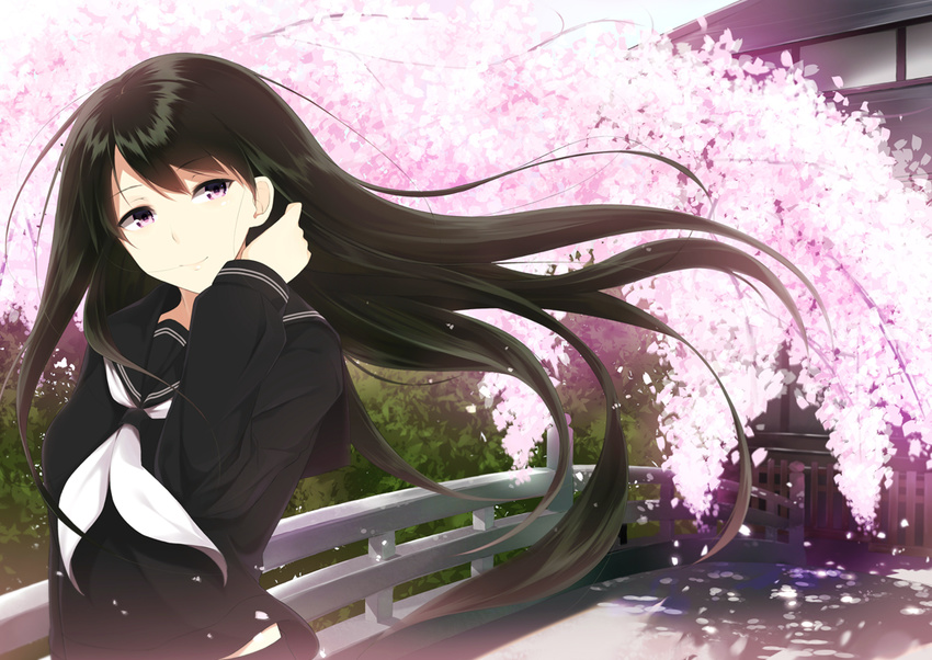 adjusting_hair animetta black_hair black_serafuku cherry_blossoms flower head_tilt long_hair long_sleeves neckerchief original outdoors petals purple_eyes railing school_uniform serafuku smile solo tree upper_body wind