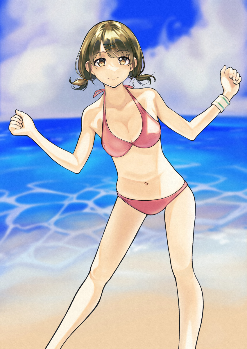 1girl absurdres alternate_costume bare_legs beach bikini blurry blurry_background breasts cleavage collarbone feet_out_of_frame highres horizon idolmaster idolmaster_shiny_colors looking_at_viewer medium_breasts nanakusa_nichika navel outdoors pink_bikini short_twintails smile solo stomach swimsuit twintails wristband yuko_ka_eru