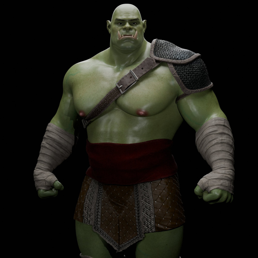 1:1 3d_(artwork) digital_media_(artwork) fangs green_body green_skin hi_res humanoid humanoid_pointy_ears male musclegut muscular muscular_humanoid muscular_male nipples not_furry orc pecs solo teeth voluox