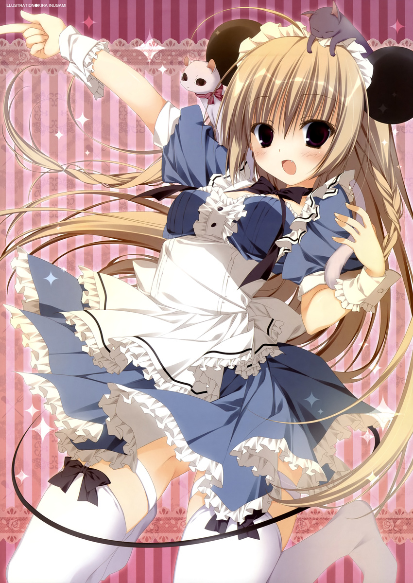 absurdres animal animal_ears animal_on_head ass_visible_through_thighs brown_hair cat cat_on_head copyright_request dress highres inugami_kira leg_garter long_hair maid_headdress mouse_ears mouse_tail on_head purple_eyes striped striped_background tail thighhighs white_legwear wrist_cuffs