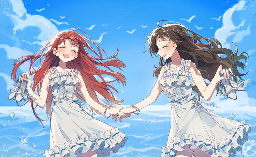 2girls ^_^ absurdres blue_sky blush bracelet closed_eyes collarbone dress floating_hair hano9789 highres holding holding_hands holding_shoes idolmaster idolmaster_million_live! jewelry kitazawa_shiho long_hair multiple_girls outdoors pure_onepiece_(idolmaster) shoes simple_bird sky sleeveless sleeveless_dress smile sweat tanaka_kotoha unworn_shoes very_long_hair white_dress