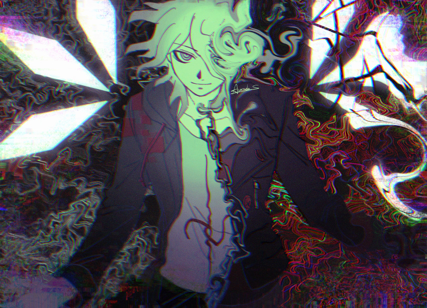 1boy artist_name black_jacket closed_mouth cowboy_shot danganronpa_(series) danganronpa_2:_goodbye_despair danganronpa_another_episode:_ultra_despair_girls green_background green_jacket grey_hair highres hood hood_down jacket kado_51 komaeda_nagito looking_at_viewer male_focus messy_hair multicolored_background open_clothes open_jacket print_shirt red_background servant_(danganronpa) shirt smile solo