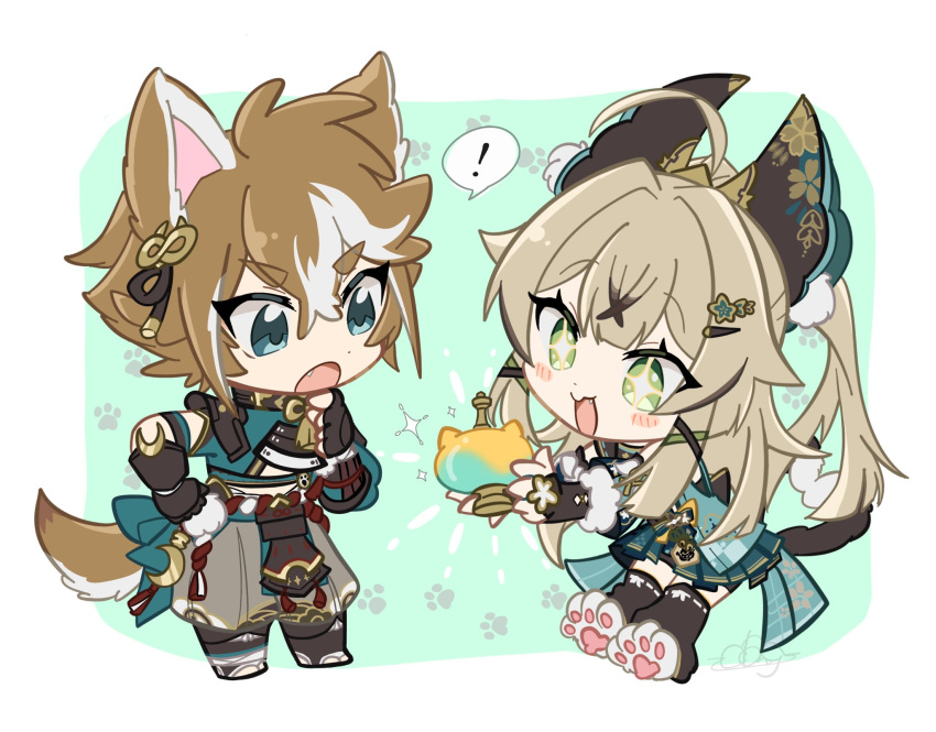 ! +_+ ... 1boy 1girl ahoge animal_ear_fluff animal_ears armor black_gloves blue_eyes brown_hair cat_girl cat_tail chibi dog_boy dog_ears dog_tail genshin_impact gloves gorou_(genshin_impact) green_eyes hair_between_eyes hair_ornament highres holding japanese_armor japanese_clothes kirara_(genshin_impact) long_hair odangocake open_mouth paw_print paw_shoes sparkle spoken_ellipsis tail white_hair