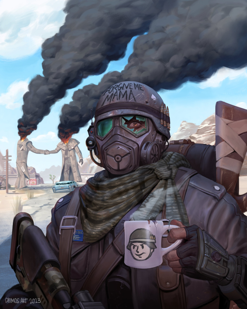 1boy 2023 absurdres assault_rifle backpack bag broken_eyewear bullet burning car coffee coffee_mug courier_(fallout_new_vegas) cup deimos_art english_text fallout_(series) fallout_new_vegas fingerless_gloves gas_mask gloves grey_eyes gun helmet highres jacket leather leather_jacket looking_at_viewer mask motor_vehicle mug ncr_veteran_ranger pip_boy pouch rifle scarf signature smoke statue vault_boy weapon