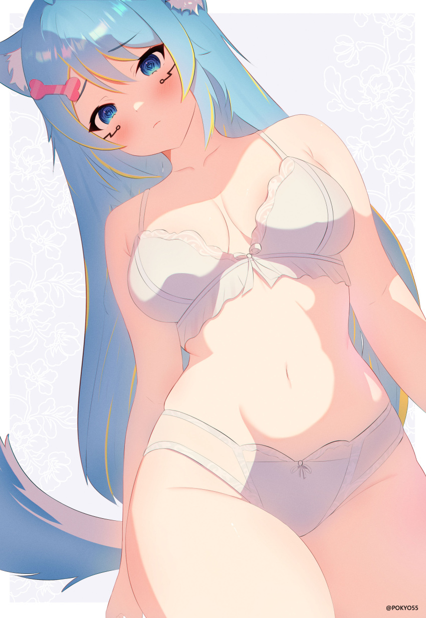 1girl absurdres animal_ears blitzy_(youtuber) blue_eyes blue_hair blush bone_hair_ornament bow bow_bra bow_panties bra breasts closed_mouth commentary cowboy_shot facial_mark frilled_bra frills frown groin hair_ornament highres indie_virtual_youtuber long_hair looking_at_viewer medium_breasts navel panties pokyo solo standing symbol-shaped_pupils tail underwear underwear_only virtual_youtuber white_bra white_panties