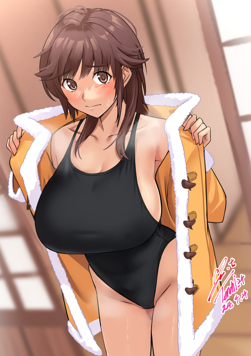 1girl amagami artist_name birthday black_one-piece_swimsuit blush breasts brown_coat brown_eyes brown_hair cleavage closed_mouth coat collarbone commentary competition_school_swimsuit competition_swimsuit cowboy_shot dated duffel_coat embarrassed fur-trimmed_coat fur_trim groin highleg highres huge_breasts indoors looking_at_viewer medium_hair one-piece_swimsuit opened_by_self raised_eyebrows sakurai_rihoko school_swimsuit sideboob sidelocks signature solo standing sweatdrop swimsuit swimsuit_under_clothes window yoo_tenchi