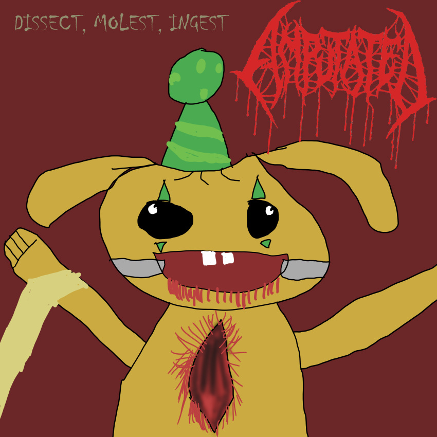 1:1 absurd_res album_cover amputated_(band) anonymous_artist anthro bunzo_bunny clothing cover gore gore_focus green_clothing green_hat green_headwear hat headgear headwear hi_res laceration lagomorph leporid low_budget male mammal mob_entertainment parody poppy_playtime rabbit sevared_records solo unofficial_art wounded yellow_body