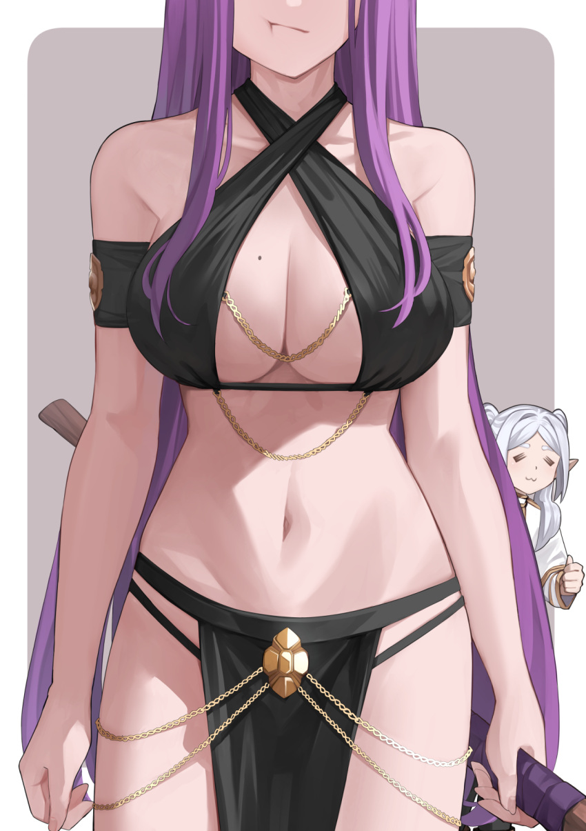 2girls armband belly_chain black_armband breasts chain cleavage closed_eyes criss-cross_halter elf fern_(sousou_no_frieren) framed_breasts frieren gold_chain halterneck head_out_of_frame heart_pendant highres holding holding_staff jewelry large_breasts long_hair meme_attire multiple_girls navel nonh_(wormoftank) pelvic_curtain pointy_ears purple_hair sousou_no_frieren staff thumbs_up yomorio_lingerie