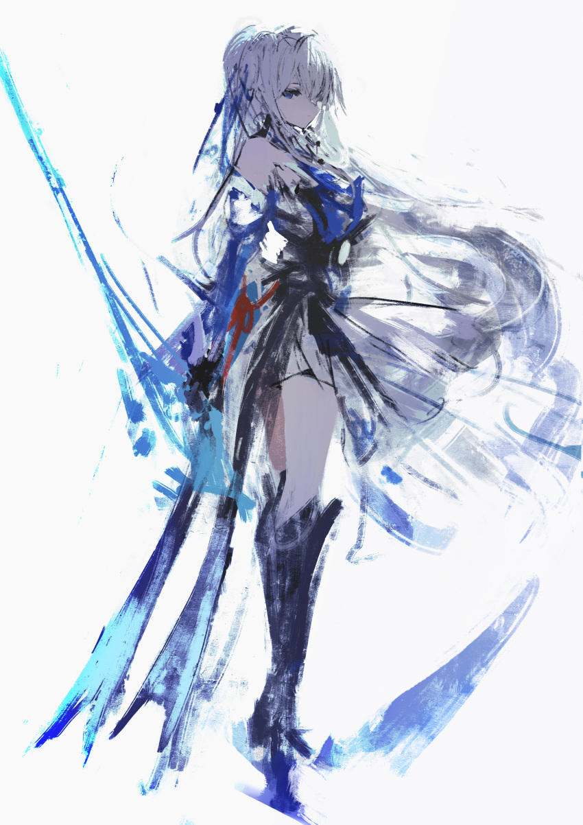 1girl absurdres black_footwear blue_eyes boots cryokinesis full_body highres holding holding_sword holding_weapon honkai:_star_rail honkai_(series) jingliu_(honkai:_star_rail) long_hair looking_at_viewer simple_background solo sword tuda6 very_long_hair weapon white_background white_hair