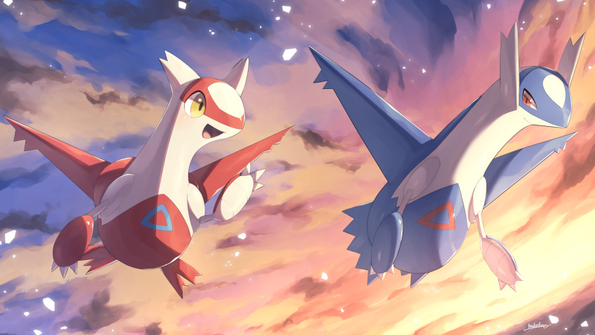 artist_name blue_wings full_body highres latias latios looking_at_another makoto_ikemu midair pokemon pokemon_(creature) red_eyes red_wings signature sky sunset wings yellow_eyes