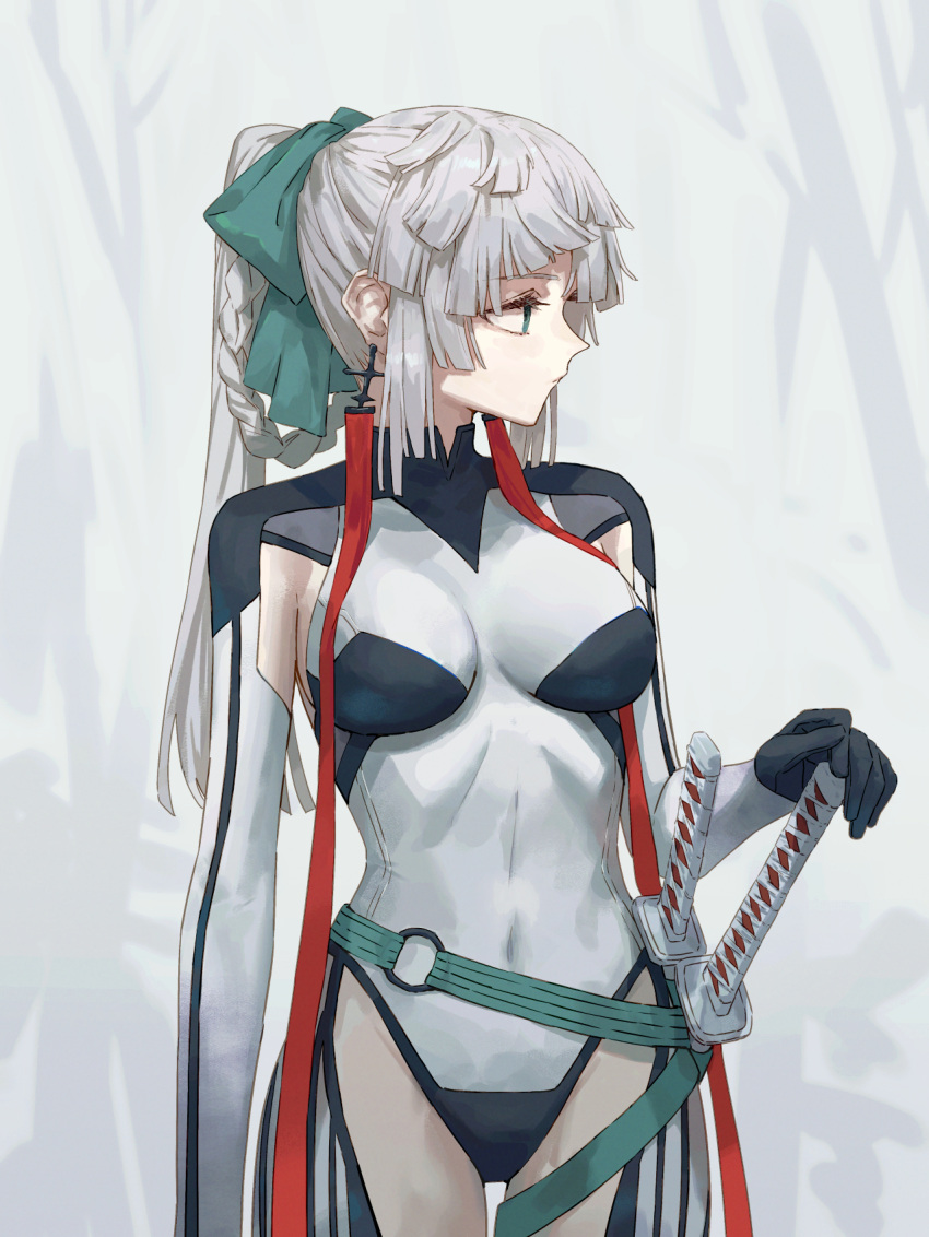 1girl armpit_cutout belt black_bodysuit bodysuit braided_hair_rings breasts clothing_cutout covered_navel earrings fate/grand_order fate/samurai_remnant fate_(series) green_eyes hair_ribbon highres jewelry katana long_hair looking_to_the_side medium_breasts ponytail ribbon sidelocks solo sword tesin_(7aehyun) thigh_cutout thigh_gap thighs two-tone_bodysuit weapon white_bodysuit white_hair yui_shousetsu_(fate) yui_shousetsu_(first_ascension)_(fate)