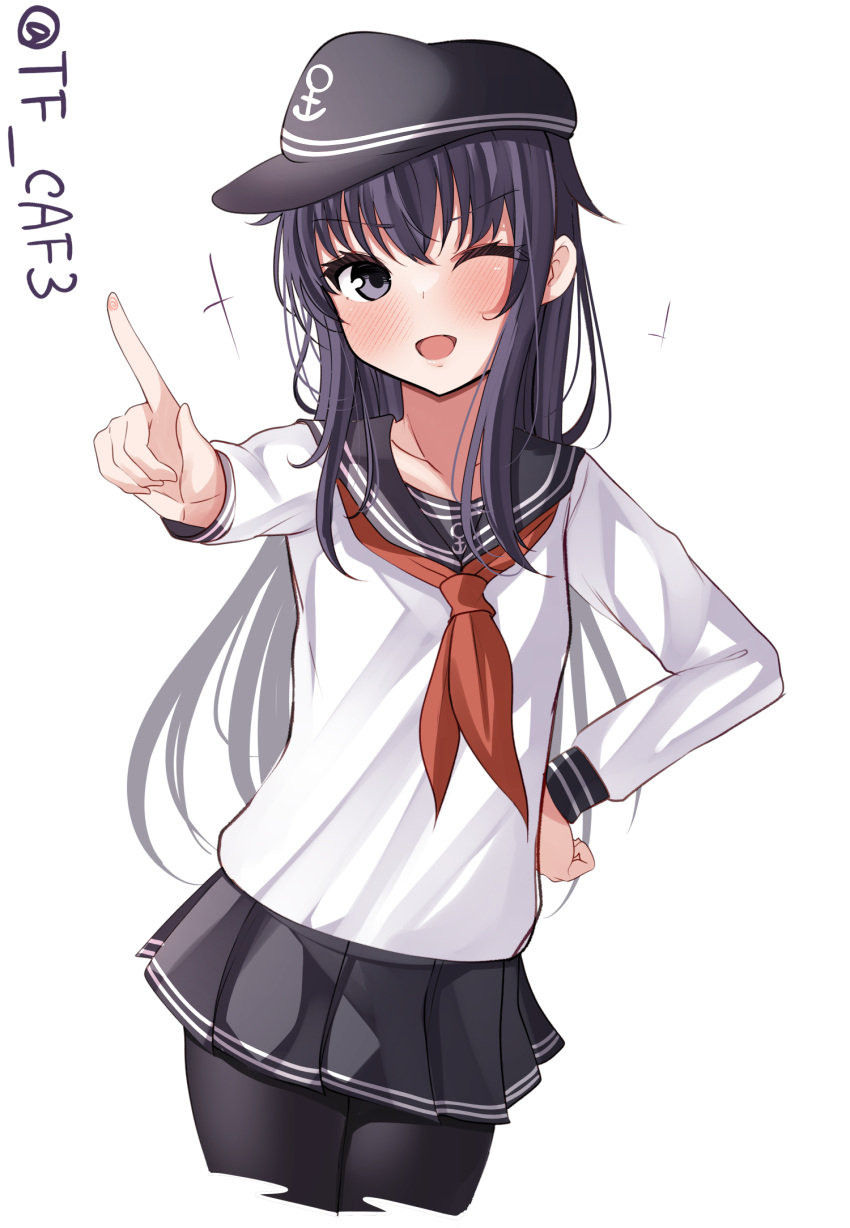 1girl akatsuki_(kancolle) anchor_symbol black_pantyhose black_sailor_collar black_skirt blush commentary_request cowboy_shot flat_cap garrison_cap hat highres kantai_collection long_hair long_sleeves neckerchief pantyhose pleated_skirt purple_eyes purple_hair red_neckerchief sailor_collar school_uniform serafuku simple_background skirt smile tf_cafe twitter_username white_background