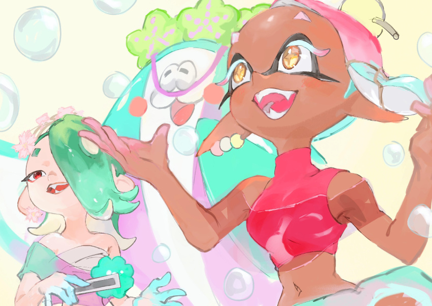 1boy 2girls :d bare_shoulders big_man_(splatoon) blue_hair blush_stickers bubble chest_sarashi colored_eyelashes crop_top dango dango_earrings dark-skinned_female dark_skin earrings fangs flower flower_earrings folded_fan folding_fan food food-themed_earrings food_on_head frye_(splatoon) gradient_hair green_hair hair_flower hair_ornament hair_over_one_eye hand_fan holding holding_fan inkling jewelry kamikaihi_game long_hair looking_up manta_ray midriff multicolored_hair multiple_girls navel object_on_head octoling official_alternate_costume one_eye_covered open_mouth pink_hair pink_shawl pink_shirt pointy_ears red_eyes sarashi see-through_shawl shawl shirt shiver_(splatoon) sleeveless sleeveless_shirt smile splatoon_(series) splatoon_3 star-shaped_pupils star_(symbol) suction_cups symbol-shaped_pupils tentacle_hair two-tone_hair upper_body wagashi white_background yellow_eyes