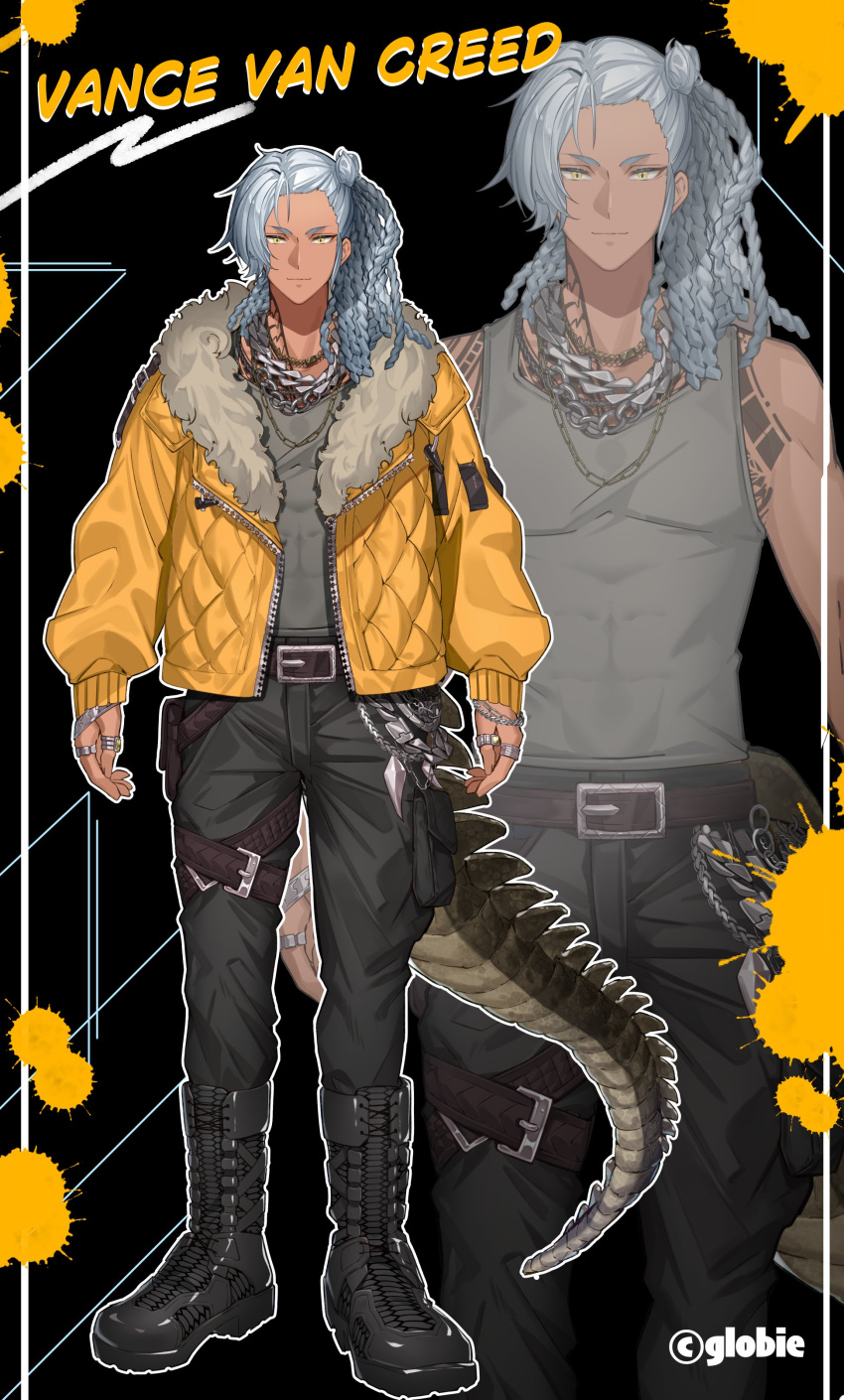 1boy :| abs absurdres belt belt_buckle black_background black_footwear black_pants boots braid brown_belt buckle character_name closed_mouth collarbone copyright_name crocodilian_tail english_text full_body fur-trimmed_jacket fur_trim globie grey_hair grey_tank_top highres jacket jewelry looking_at_viewer multiple_rings necklace nonomaro pants quilted_jacket ring slit_pupils splatter standing tail tan tank_top tattoo vance_van_creed virtual_youtuber yellow_eyes yellow_jacket