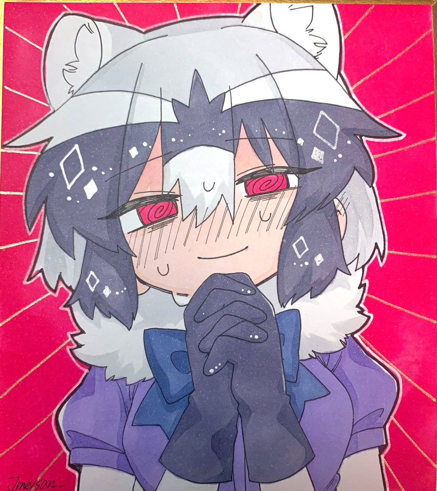 1girl @_@ absurdres animal_ear_fluff animal_ears bad_id bad_twitter_id black_gloves black_hair blue_bow blush bow closed_mouth commentary_request common_raccoon_(kemono_friends) extra_ears fur_collar gloves grey_hair hair_between_eyes hands_up highres inactive_account interlocked_fingers jmeysan kemono_friends looking_at_viewer multicolored_hair nervous_sweating own_hands_together pink_background pink_eyes puffy_short_sleeves puffy_sleeves raccoon_ears shikishi short_hair short_sleeves smile solo sweat traditional_media upper_body white_hair