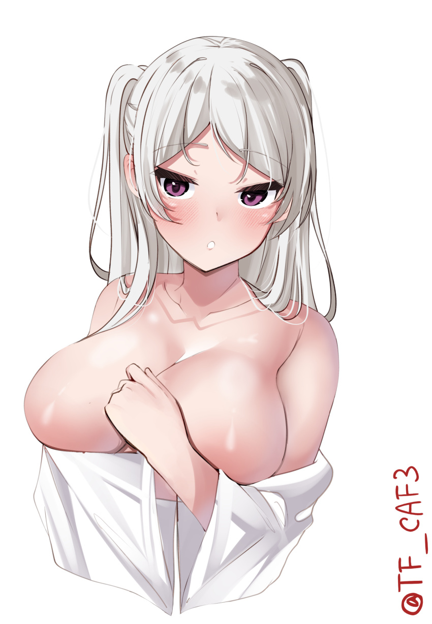 1girl alternate_costume armpit_crease bare_shoulders blush breasts chestnut_mouth commentary_request conte_di_cavour_(kancolle) grey_hair highres kantai_collection large_breasts long_hair naked_shirt one-hour_drawing_challenge open_mouth purple_eyes shirt shirt_partially_removed simple_background solo tf_cafe twintails twitter_username upper_body white_background