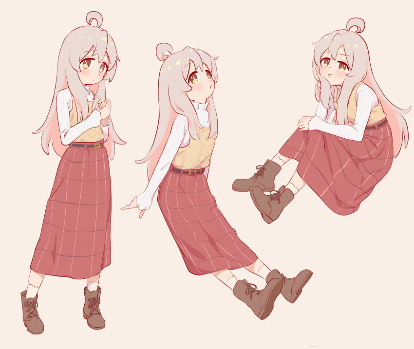 1girl :t ahoge belt boots brown_footwear cheek_rest chinese_commentary colored_inner_hair commentary_request full_body grey_hair highres light_blush long_skirt long_sleeves looking_at_viewer multicolored_hair multiple_views o3o onii-chan_wa_oshimai! oyama_mahiro pink_hair pout red_skirt shirt simple_background sitting skirt socks standing two-tone_hair vest white_shirt white_socks yellow_eyes yellow_vest ziyan_yi