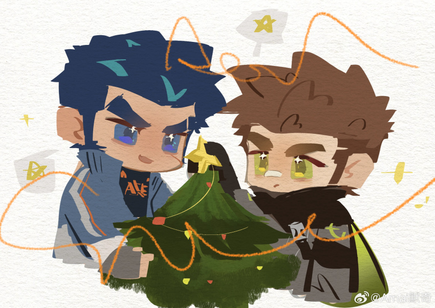 2boys amaimochi bandaid bandaid_on_face bandaid_on_nose bara blue_eyes blue_hair brown_hair christmas christmas_tree facial_hair green_eyes highres huge_eyebrows long_sideburns male_focus medium_sideburns multiple_boys original short_hair sideburns sideburns_stubble smile star_(symbol) star_in_eye stubble symbol_in_eye undercut unfinished