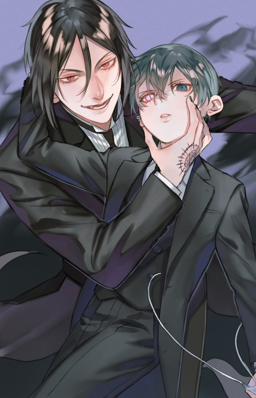 2boys age_difference bishounen black_hair black_jacket black_nails black_necktie black_pants black_suit black_vest blue_background blue_eyes blue_hair buttons ciel_phantomhive closed_mouth dark_blue_hair evil_smile glowing glowing_eyes hair_between_eyes hand_tattoo heterochromia highres holding_another's_head jacket jitome kuroshitsuji looking_at_viewer male_focus multiple_boys necktie open_clothes open_jacket open_mouth pants pink_eyes red_eyes sebastian_michaelis shirt short_hair slit_pupils smile suit tattoo vest white_shirt yaoi yokuni_(yokunill001121)