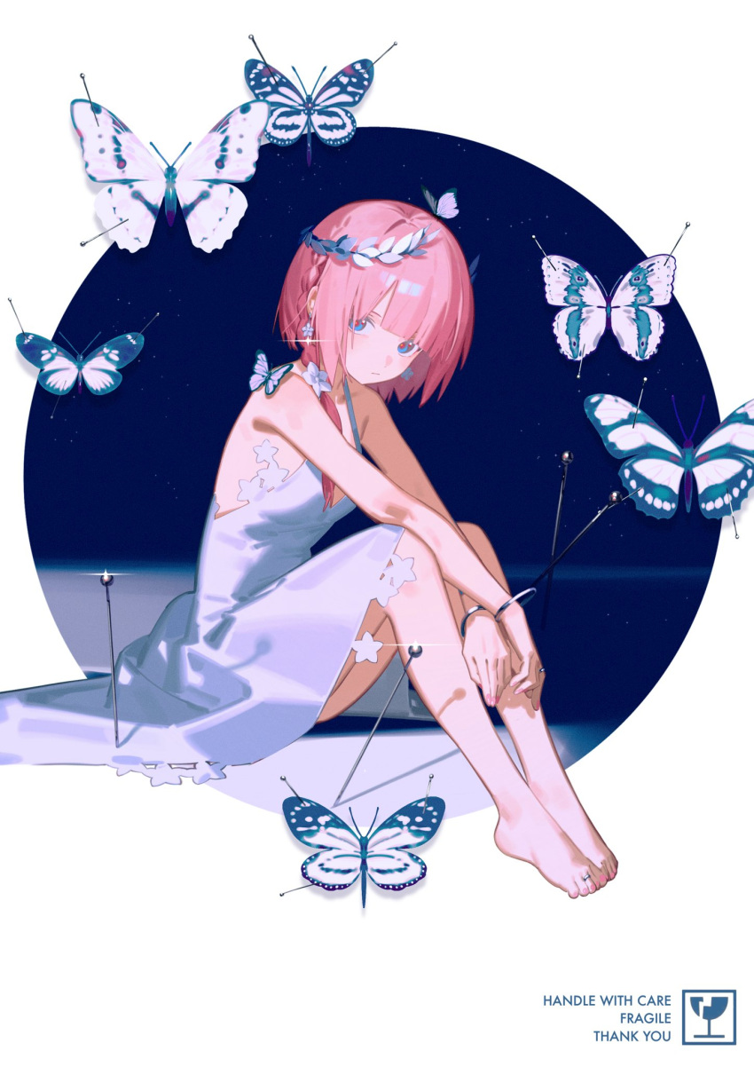 1girl blue_butterfly blue_eyes braid bug butterfly dress earrings full_body glint hair_over_shoulder highres jewelry kaf_(kamitsubaki_studio) kamitsubaki_studio knees_apart_feet_together long_hair looking_at_viewer low-tied_long_hair multiple_bracelets nail_polish pink_hair pink_nails ring ringed_eyes ryuuforkaf side_braid sidelocks sleeveless sleeveless_dress solo toenail_polish toenails white_dress yellow_pupils