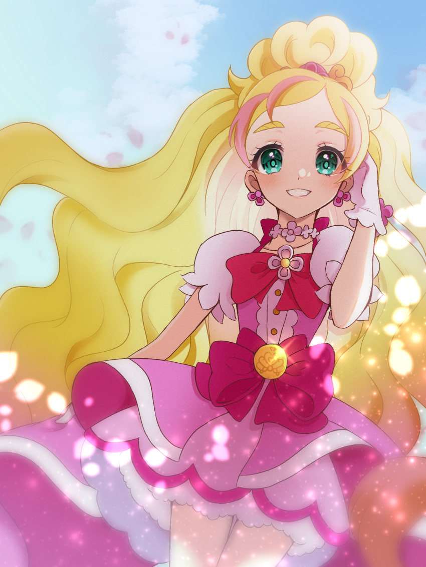 1girl blonde_hair blue_background blush bow cowboy_shot cure_flora dot_nose earrings flower flower_brooch flower_earrings flower_necklace gloves go!_princess_precure green_eyes haruno_haruka highres jewelry legs_together light_particles long_hair looking_at_viewer magical_girl multicolored_hair petals petticoat pink_bow pink_hair pink_skirt precure puffy_sleeves shigen_pr skirt smile solo standing streaked_hair thick_eyebrows two-tone_hair waist_bow waist_brooch white_gloves