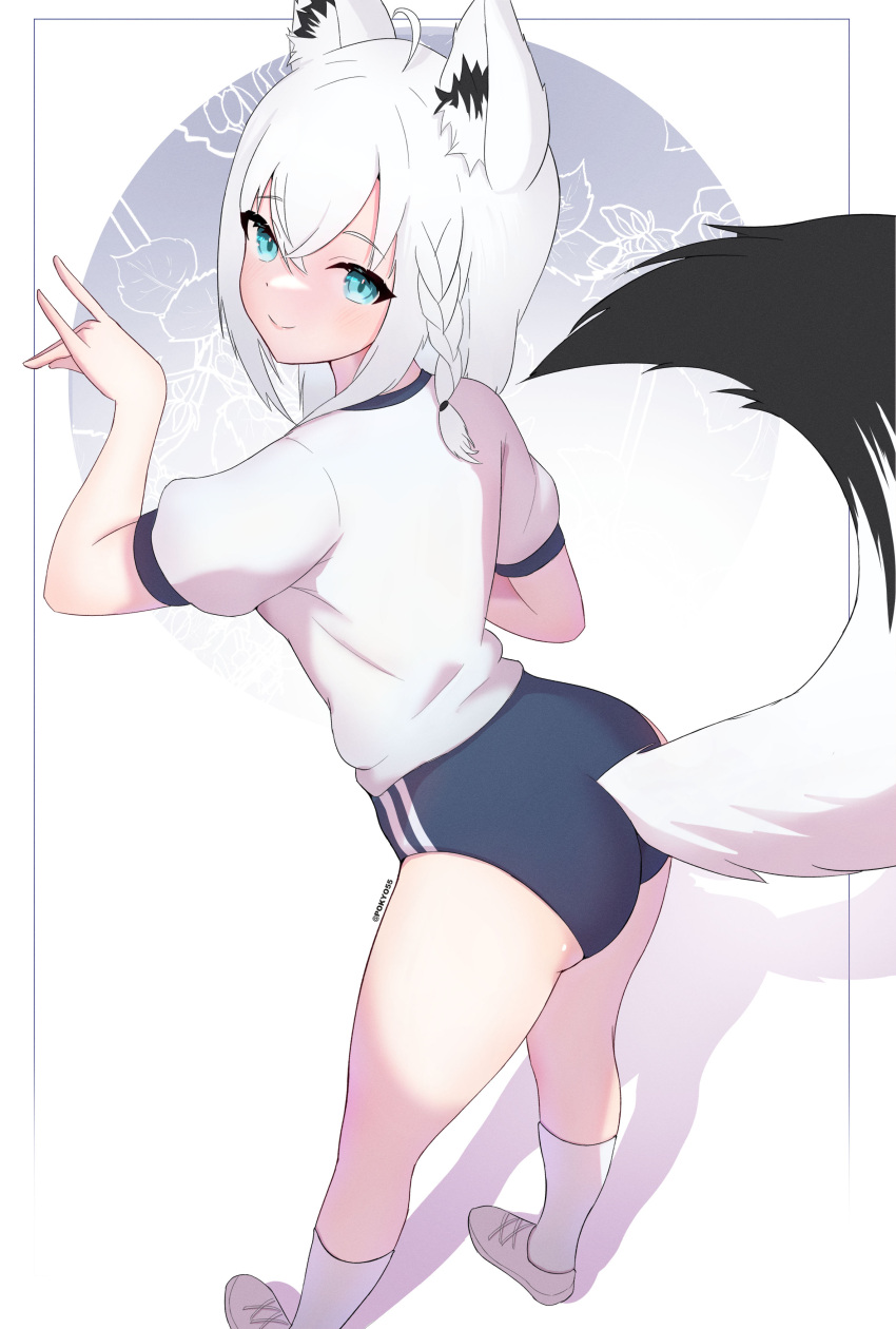 1girl absurdres ahoge animal_ears ass blue_buruma blue_eyes braid buruma closed_mouth commentary double_vertical_stripe fox_ears fox_girl fox_shadow_puppet fox_tail from_behind full_body gym_shirt gym_uniform highres hololive long_hair looking_at_viewer looking_back pokyo shadow shirakami_fubuki shirt shoes smile sneakers socks solo standing t-shirt tail twitter_username virtual_youtuber white_footwear white_hair white_shirt white_socks