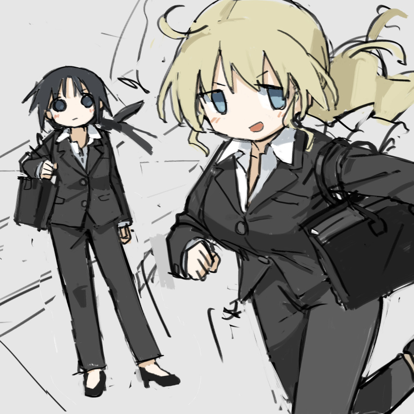 2girls ahoge bag black_bag black_footwear black_hair black_jacket black_pants black_suit blonde_hair blue_eyes blush chito_(shoujo_shuumatsu_ryokou) collared_shirt feet_out_of_frame formal full_body high_heels highres jacket long_hair long_sleeves looking_at_viewer multiple_girls open_mouth pants shirt shoujo_shuumatsu_ryokou shoulder_bag smile standing suit tsukumizu_yuu white_shirt yuuri_(shoujo_shuumatsu_ryokou)