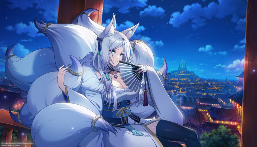 1girl animal_ear_fluff animal_ears bell black_thighhighs blue_eyes breasts cleavage cloud facepaint fox_ears fox_girl fox_tail hand_fan highres holding holding_fan holding_own_tail japanese_clothes jewelry kage_no_jitsuryokusha_ni_naritakute! large_breasts long_hair long_sleeves looking_at_viewer multiple_tails necklace night night_sky official_art sitting sky smile solo tail thighhighs white_hair yukime_(kage_no_jitsuryokusha_ni_naritakute!)