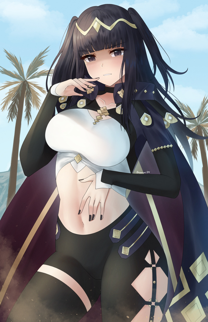 1girl alternate_costume black_cape black_eyes black_hair black_nails black_pants black_thighhighs blue_sky blunt_bangs breasts cape cloud commentary cowboy_shot crop_top day doiparuni fire_emblem fire_emblem_awakening fire_emblem_engage hand_up highres large_breasts leggings long_hair long_sleeves looking_at_viewer midriff nail_polish navel pants sage_outfit_(fire_emblem_engage) single_thighhigh sky solo standing stomach tharja_(fire_emblem) thighhighs tree two_side_up very_long_hair
