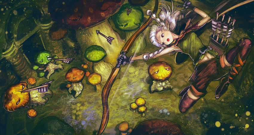 action belt boots bow_(weapon) dragon's_crown elf_(dragon's_crown) gloves highres jumping mushroom orange_eyes thigh_boots thighhighs tomotototo weapon white_hair