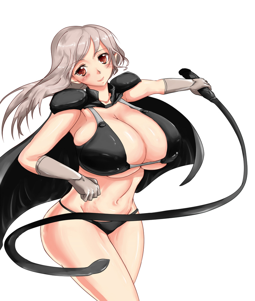 1girl blush breasts brown_eyes cape cleavage female gloves grey_hair huge_breasts iro_zu long_hair navel panties smile thighs underwear whip