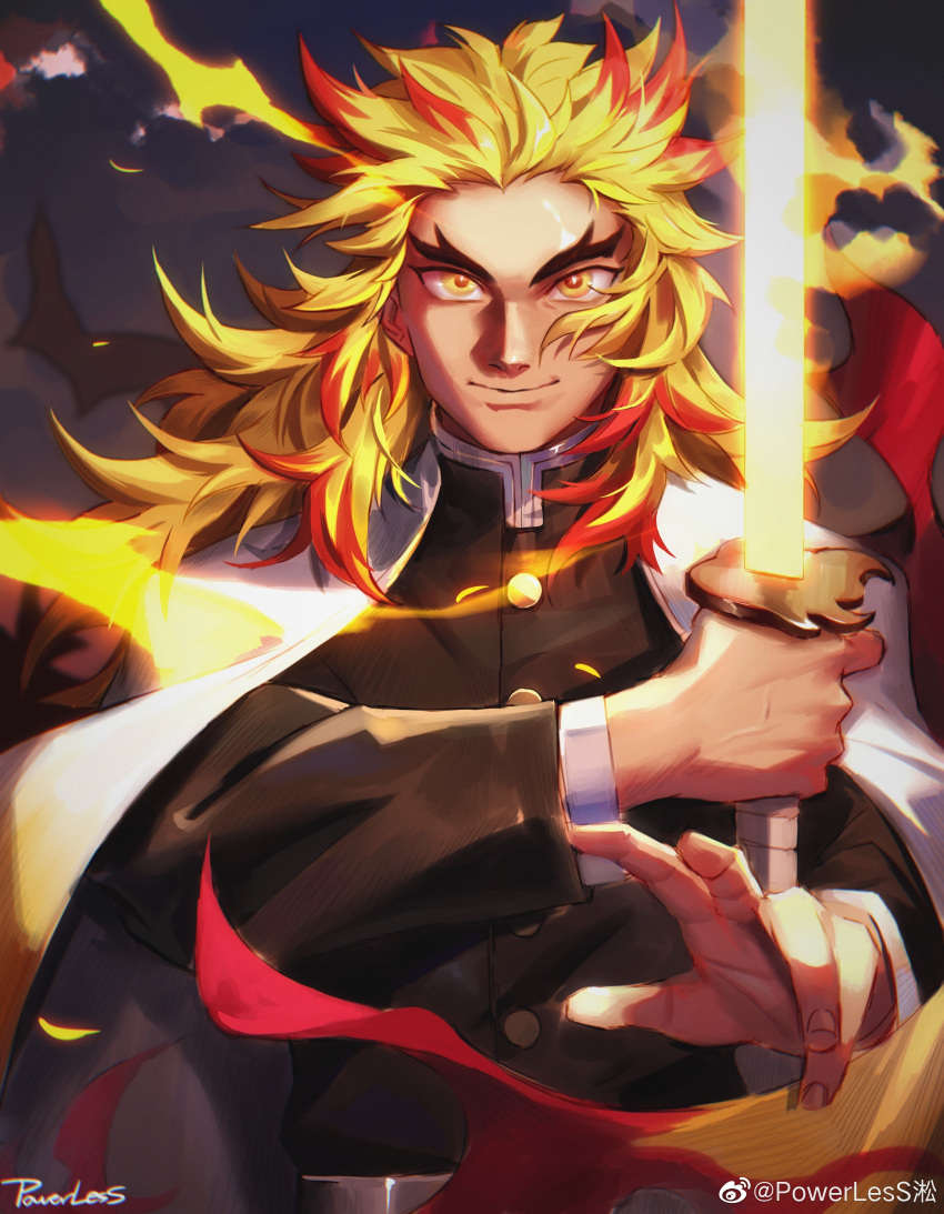 1boy absurdres blonde_hair demon_slayer_uniform fire flaming_sword flaming_weapon forked_eyebrows glowing glowing_sword glowing_weapon highres holding holding_sword holding_weapon kimetsu_no_yaiba long_hair long_sleeves looking_at_viewer male_focus multicolored_hair powerlesssong pyrokinesis red_hair rengoku_kyoujurou smile solo straight-on sword two-tone_hair upper_body weapon