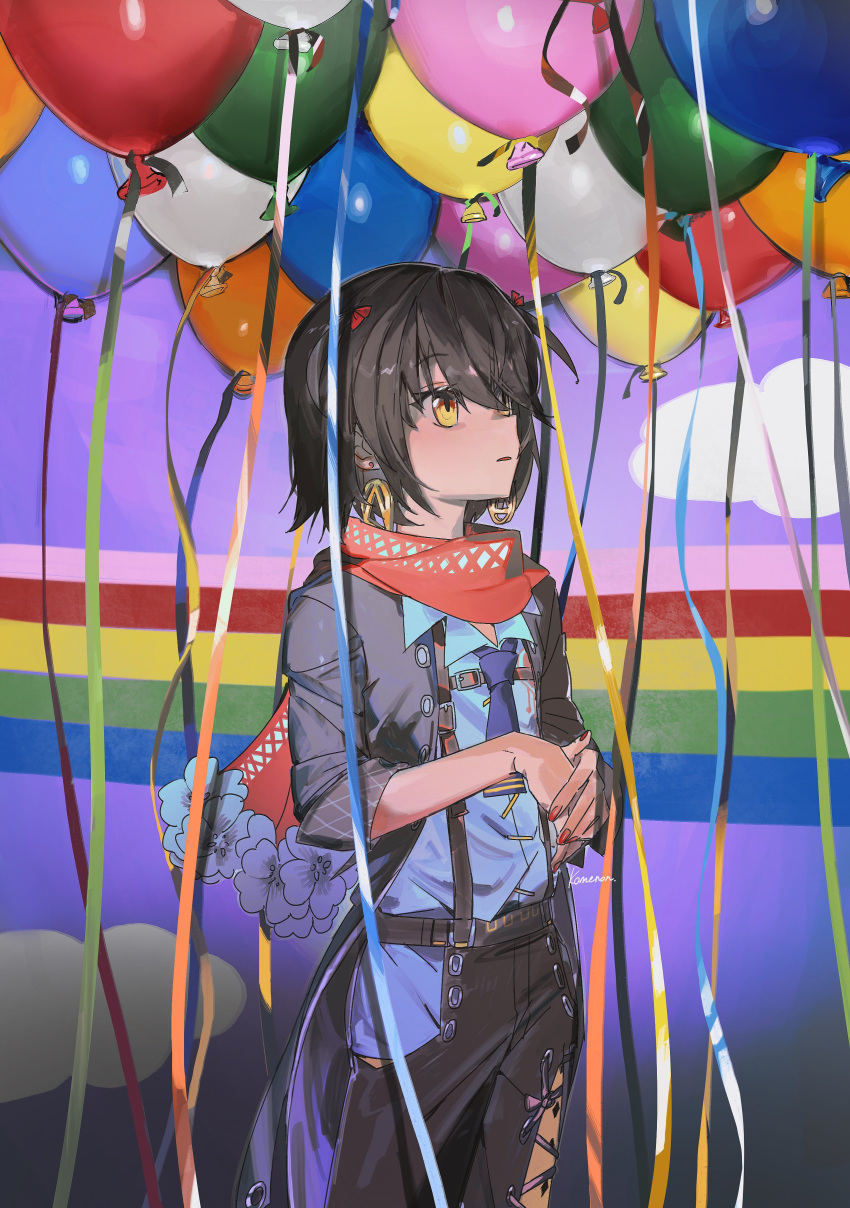 1boy absurdres balloon black_coat black_hair black_pants blue_necktie blue_shirt coat collared_shirt cowboy_shot drop_earrings earrings hands_up highres hip_vent indoors jewelry kome_non looking_up male_focus mashiro_meme mashiro_meme_(1st_costume) necktie nijisanji open_clothes open_coat own_hands_together pants parted_lips rainbow red_nails red_scarf scarf shirt short_hair short_necktie solo standing surreal suspenders two_side_up virtual_youtuber wallpaper_(object) yellow_eyes