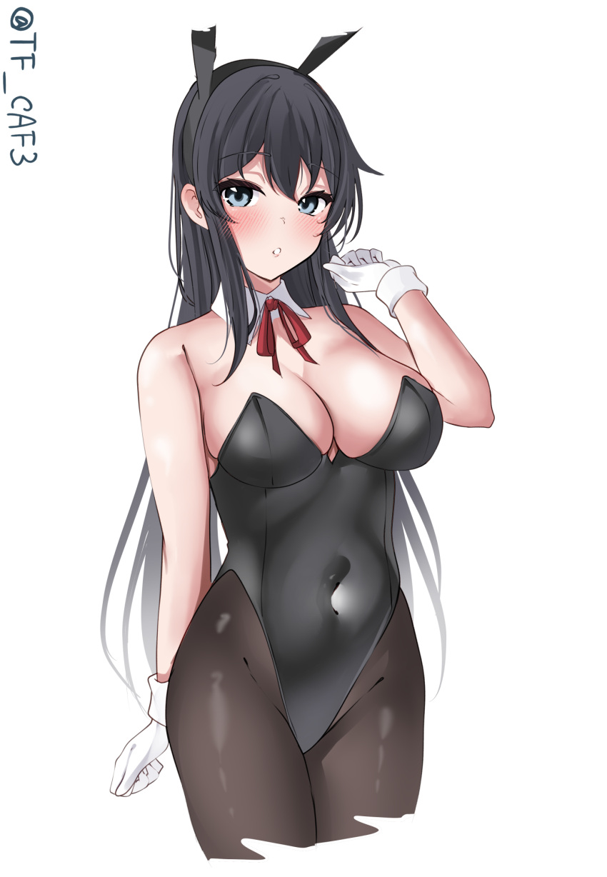 1girl alternate_breast_size animal_ears asashio_(kancolle) bare_shoulders black_hair black_leotard black_pantyhose blue_eyes blush breasts commentary_request covered_navel detached_collar fake_animal_ears hair_between_eyes highres kantai_collection leotard long_hair looking_at_viewer medium_breasts neckerchief open_mouth pantyhose playboy_bunny rabbit_ears solo strapless strapless_leotard tf_cafe white_background wrist_cuffs