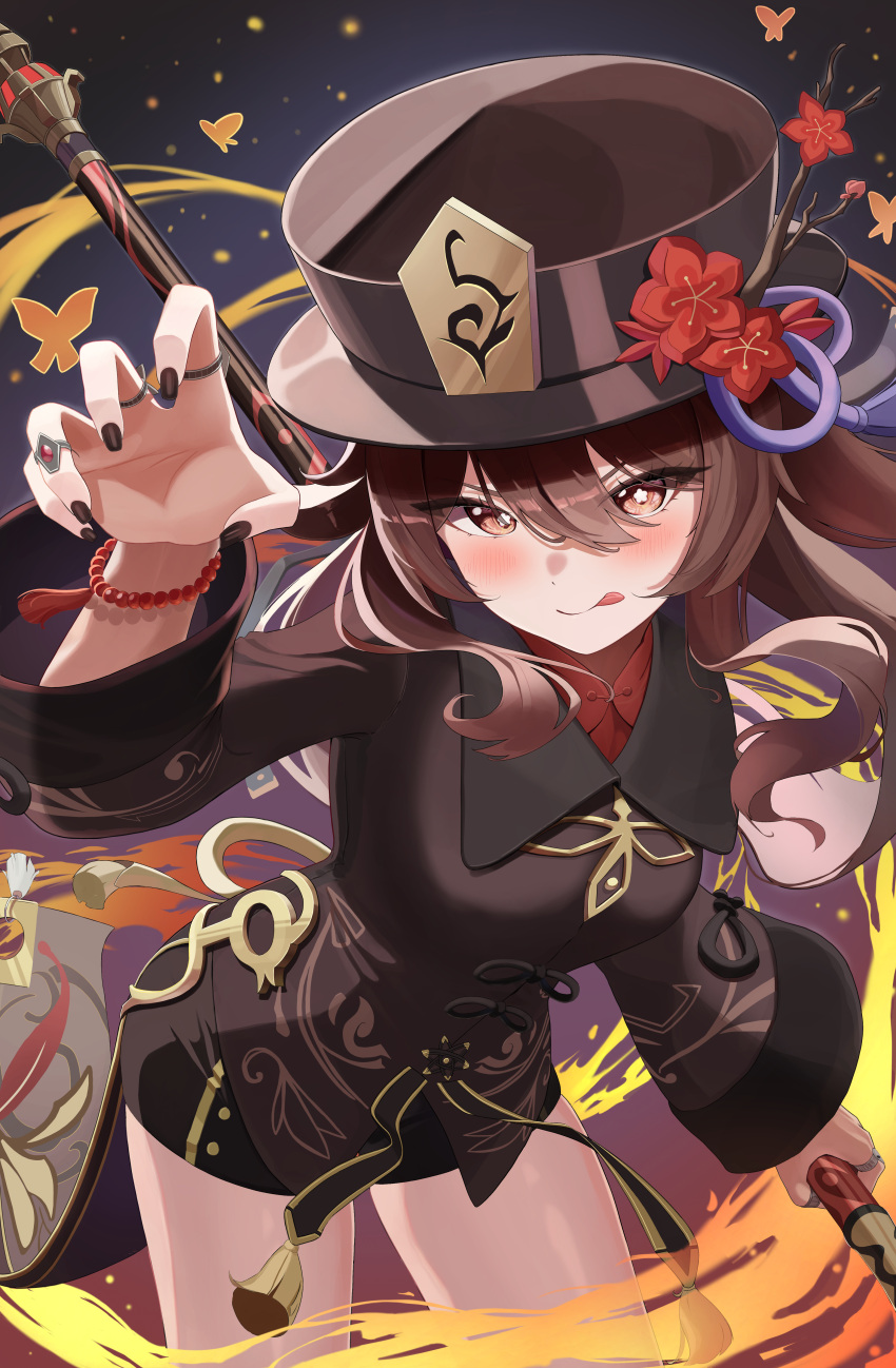 1girl :q absurdres bead_bracelet beads black_nails black_shorts blush bracelet brown_coat brown_eyes brown_hair bug butterfly chinese_clothes closed_mouth coat coattails commentary flower flower-shaped_pupils genshin_impact hair_between_eyes hand_up hat hat_flower highres holding holding_polearm holding_weapon hu_tao_(genshin_impact) jewelry leaning_forward long_hair long_sleeves looking_at_viewer multiple_rings plum_blossoms polearm porkpie_hat red_shirt ring shirt short_shorts shorts smile solo staff_of_homa_(genshin_impact) su2ro symbol-shaped_pupils tassel thighs tongue tongue_out twintails weapon wide_sleeves