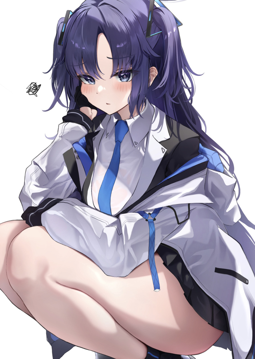 1girl black_skirt blue_archive blue_eyes blue_necktie blush breasts closed_mouth halo highres jacket jacket_partially_removed kneeling long_hair long_sleeves looking_at_viewer mechanical_halo medium_breasts necktie purple_eyes purple_hair shirt simple_background skirt solo thighs tol10131 triangle_hair_ornament two-sided_fabric two-sided_jacket white_background yuuka_(blue_archive)